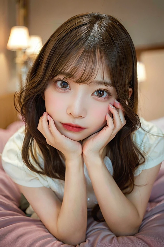 (masterpiece:1.5)、(Realistic:1.5)、(Highest quality:1.4、8K、RAW Photos）、 Ultra-high resolution、Professional Lighting、Perfect dynamic composition、Film Grain、chromatic aberration、(Bokeh:1.1)、 Frank、Sophisticated、charm、超Realistic、High detail、Golden Ratio、  girl)、繊細でcharmgirl、Cute Woman:1.4、 Light brown hair、Hairstyle: Long Hair、 Realistic looking skin、Beautiful Eyes、double eyelid、On the bed, on all fours、Looking up frivolously