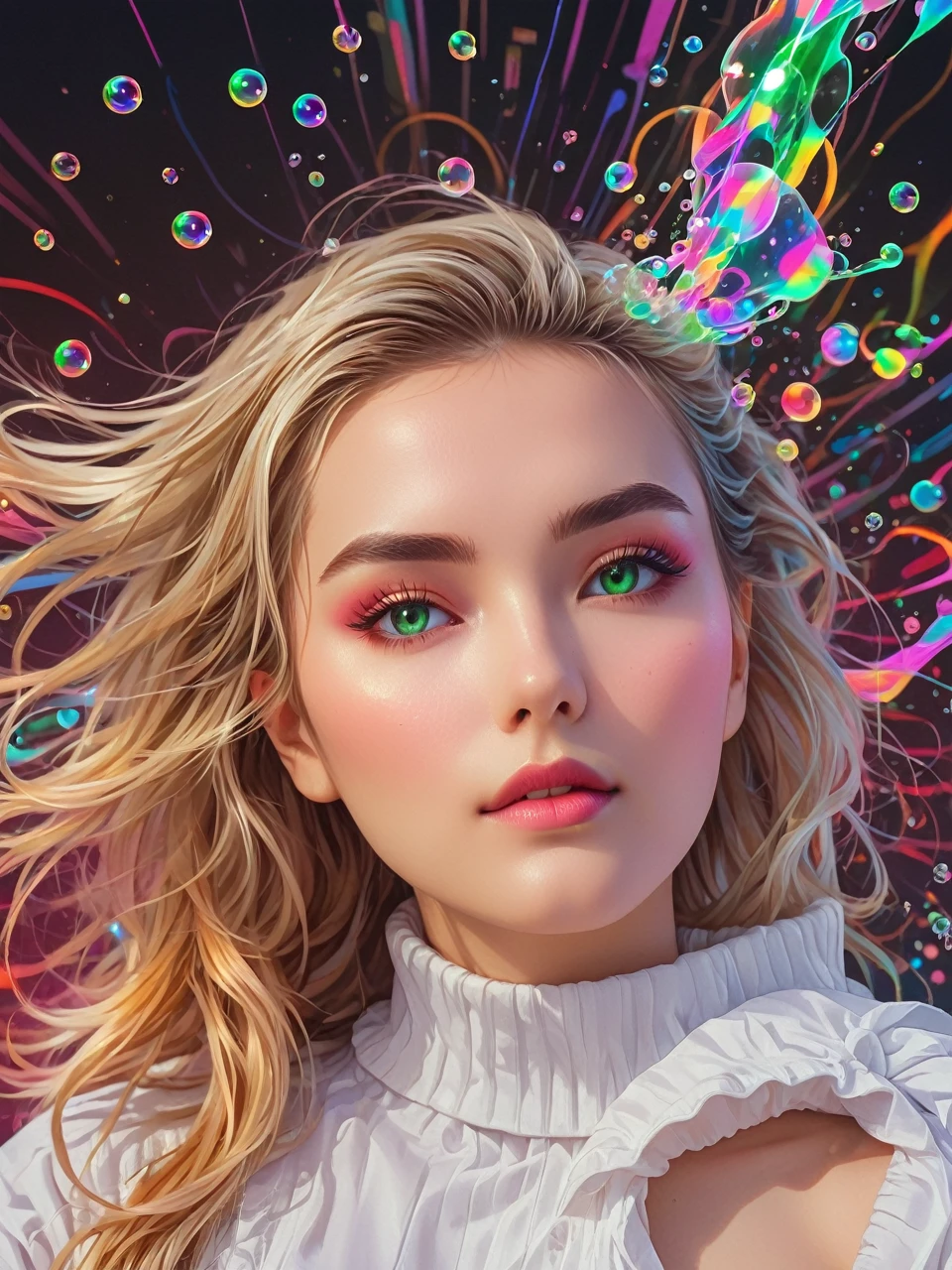 Viscous liquids,Portrait of a woman ,Machine Gear,Neon Gradient,(Soaring colorful bubbles,Vaporwave:1.37),(Laser colorful light waveetal Refraction,(Many liquid bubbles:1.37)、Colorful gradient geometric art and other elements,Futuristic and retro elements collide、Recombination。Exaggerated artistic expression,Concept Art, red,green,green