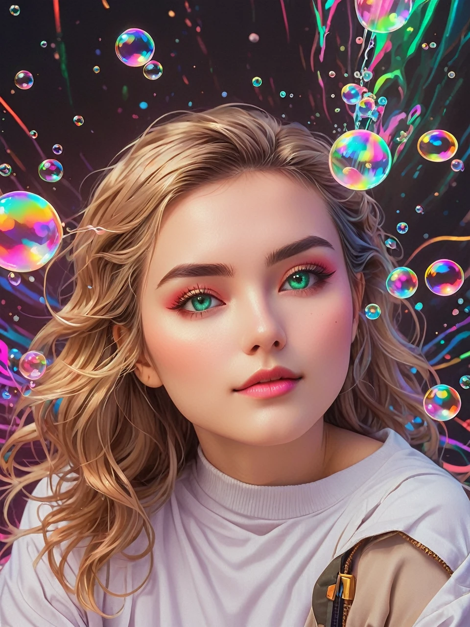 Viscous liquids,Portrait of a woman ,Machine Gear,Neon Gradient,(Soaring colorful bubbles,Vaporwave:1.37),(Laser colorful light waveetal Refraction,(Many liquid bubbles:1.37)、Colorful gradient geometric art and other elements,Futuristic and retro elements collide、Recombination。Exaggerated artistic expression,Concept Art, red,green,green