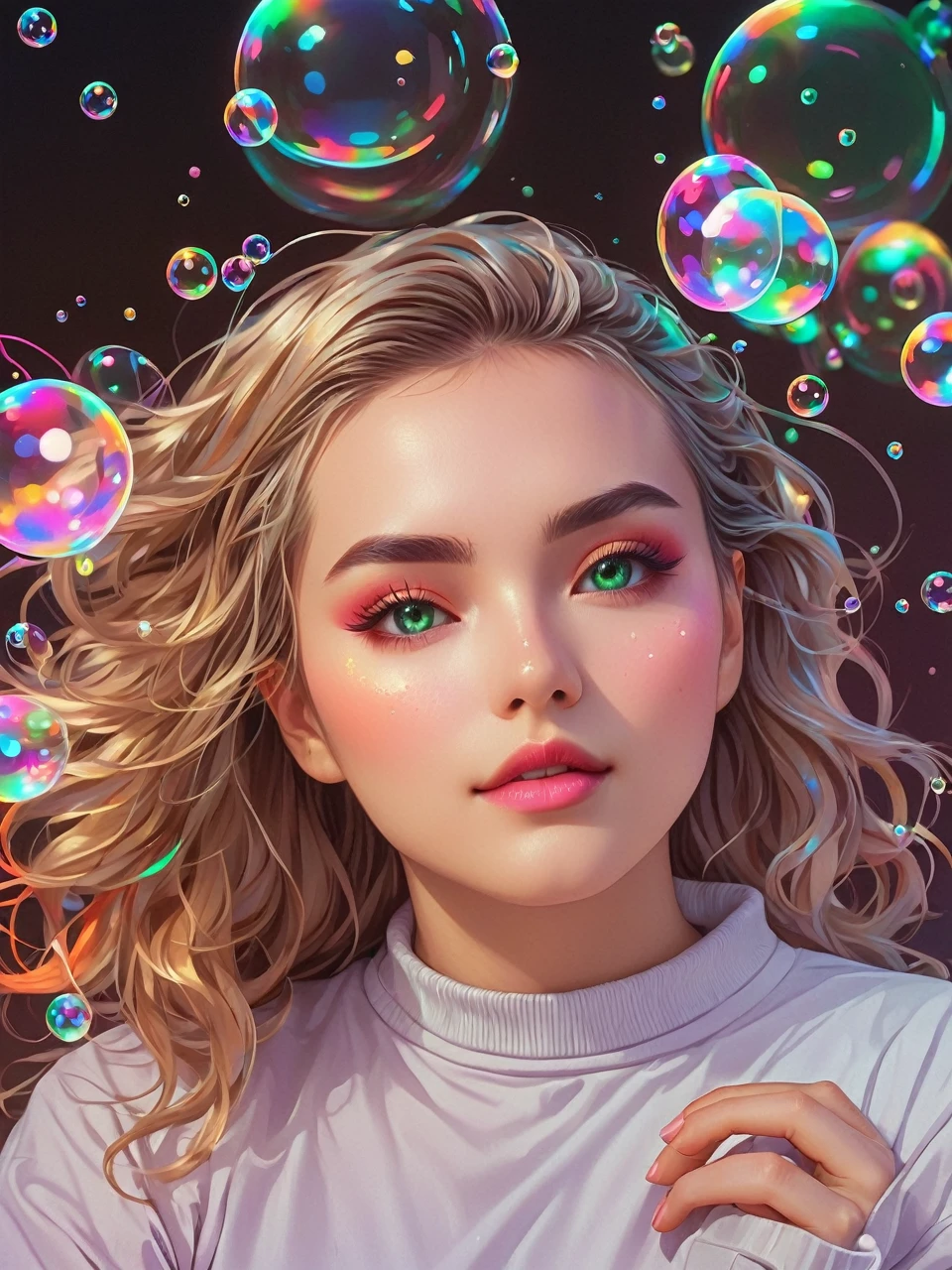 Viscous liquids,Portrait of a woman ,Machine Gear,Neon Gradient,(Soaring colorful bubbles,Vaporwave:1.37),(Laser colorful light waveetal Refraction,(Many liquid bubbles:1.37)、Colorful gradient geometric art and other elements,Futuristic and retro elements collide、Recombination。Exaggerated artistic expression,Concept Art, red,green,green