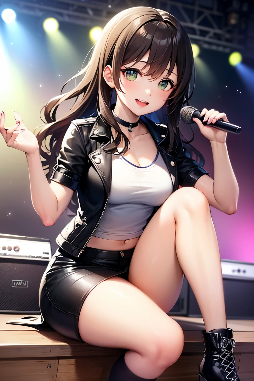 ((best quality)), ((masterpiece)), (detailed), 1 woman, dark brown long wavy hair , bright green eyes , bright smile , Bright and clear skin , white t-shirt , Black miniskirt , heeled shoes , black leather jacket , rock band vocals , festival stage