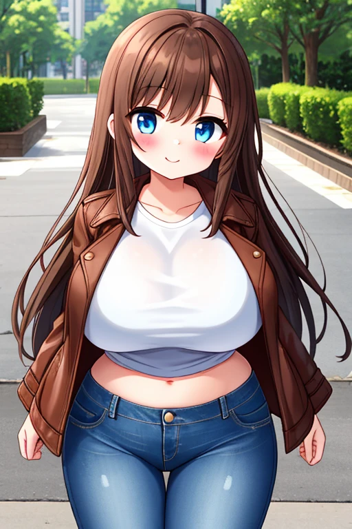 A Cute Girl, Lush Long Brown Hair, Beautiful Blue Eyes, Wide Hips, (Huge Breasts), Brown Leather Jacket, White Shirt, Blue Jeans, at the city park, ((Weathered Jeans)),