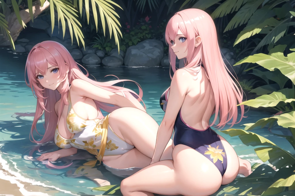 (masterpiece, best quality), amazing, Fine details, realistic, Official art, the Extremely Detailed CG Unity 8K Wallpapers, Masterpiece Portrait, realistic, photo, (1 woman:1.3), (1 girl), (solo girl:1.3), (perfect woman body), realistic, photo, (beautiful woman faces:0.9), (Captivating anime woman), Beautiful style, (luka megurine), (long pink hair), bright blue eyes, smile, (slender body), (medium breasts:1.1), large , on beach, (botanical print swimsuit:1.3), (random color swimsuit:1.3), closed_mouth, looking at viewer, palm_trees, sitting under trees, scenery focus, aerial_view, summer, (beach), nature, daybreak, blue_sky, horizon, landscape, perfect lighting, aesthetic, wallpaper, scenery, from-side, from behind, high leg swimsuit,