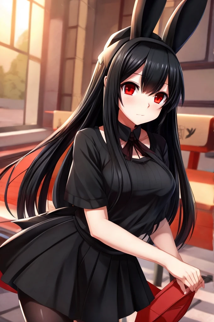 girl, anime, long black hair, Red eyes, black hat, black rabbit ears,black top,black skirt, black tights.