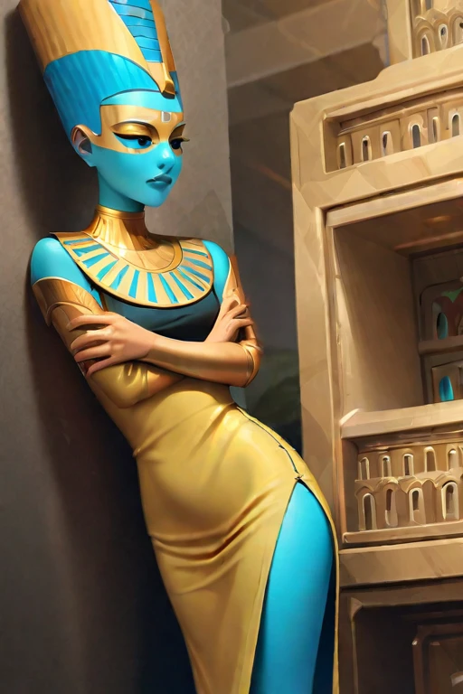 ((masterpiece)),(((best quality))),((character design sheet)), ((full body view)) ((mummy girl)) mature face, defined cheekbones, high cheekbones, illustration, bandaged all over body, muscular, ((bandaged:1.4)), sexy bimbo, (gigantic breasts:1.7) black hair, ((detailed face:1.4)) beautiful woman, (Egyptian:1.4) (blue skin:1.4) , shiny skin, scribbles and marks,(puffy lips:1.4) , rough sketches, pose, 8k,16k, (simple background, white background: 1.3) beige color palette, blue legs, blue arms, blue face