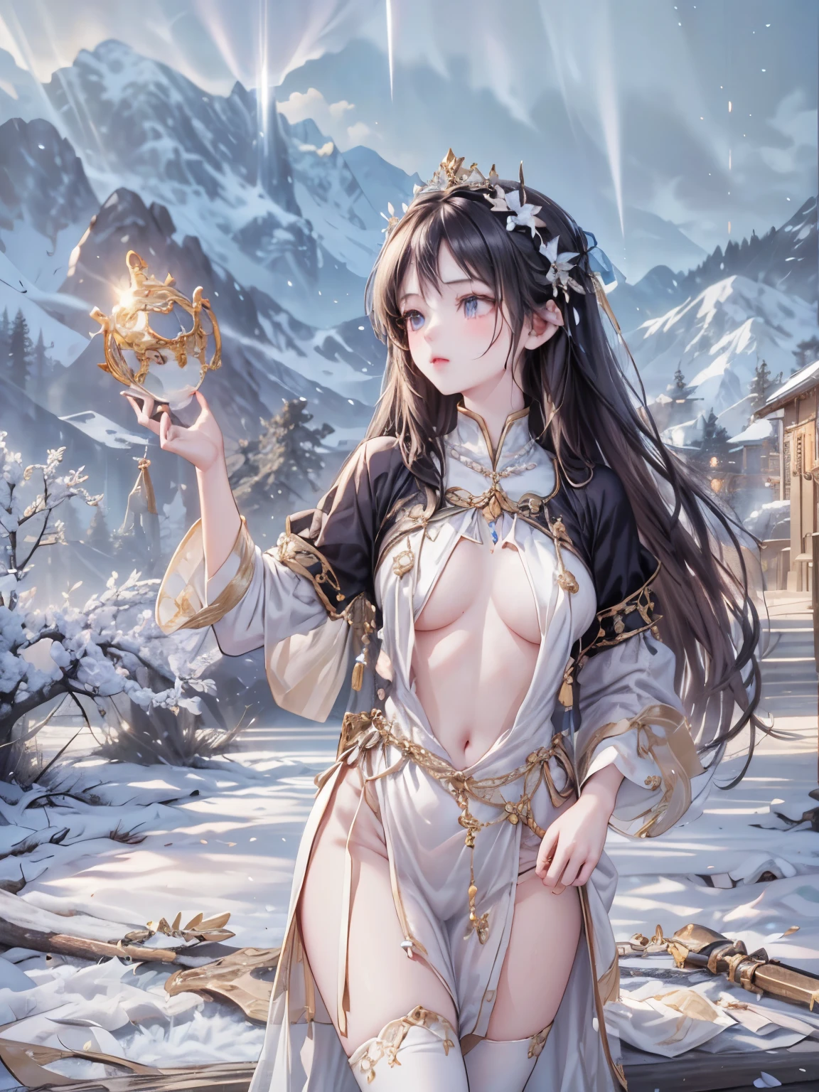 (masterpiece,top quality,Best quality,official art,beautiful and aesthetically pleasing:1.2),beautiful princess,At the foot of the mountain,mountains in the distance,Correct anatomy,Full length photo,convex,Cute big breasts,open chest,legs separated,plum,Desire for dissatisfaction,only genitalia, camel toes,Sexual gesture,(Long hair and long meat),gentle face, detailed eyes,Correct anatomy,detailed face, detailed eyes,Holy Rays,gold foil,gold leaf art,deep background,absurdity,fantastic and incredible,Epic composition,(complex parts,hyper detail:1.2),ultra photorealistic, epic realistic, ((with neutral colors)),(pastel color:1.2), hyperrealistic, + cinematography + dynamic composition, incredibly detailed, sharpen, cinematic, warm light, light effect, dramatic light, (complex parts:1.1), complex background, (Pearl Beaded Bralet Top), ((pearl top)), opal pearl in hand
