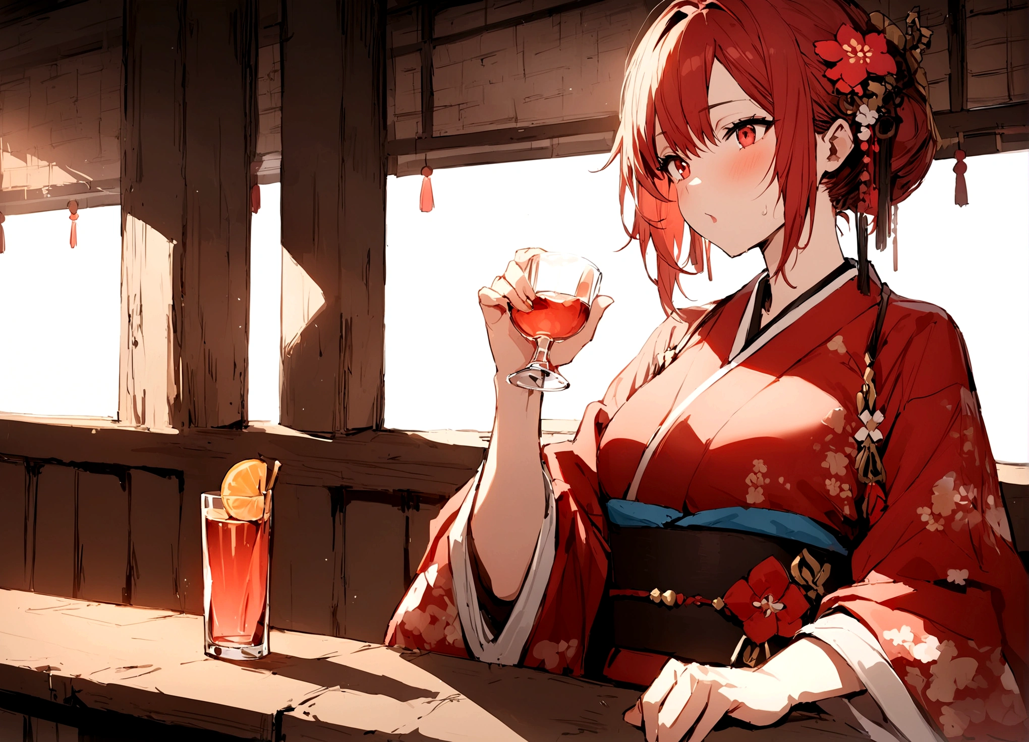 ((masterpiece, Highest quality)), (One girl), (alone)、drink alcohol、drinking、Place it small in the center so that it doesn't get cut off.、Older sister in her late 20s, Red Hair、Plum blossom accessories、Red kimono、White background、Red medium bob hair、Red eyes、Holding a rocks glass and drinking alcohol、Drink plum wine