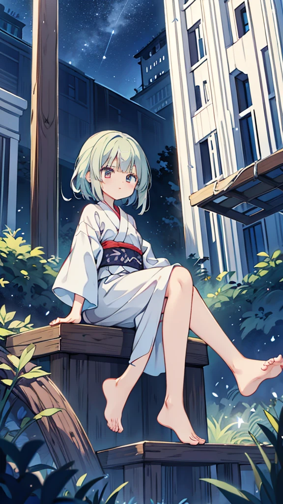 Night Sky、ruins、Sitting、Larger background、yukata、