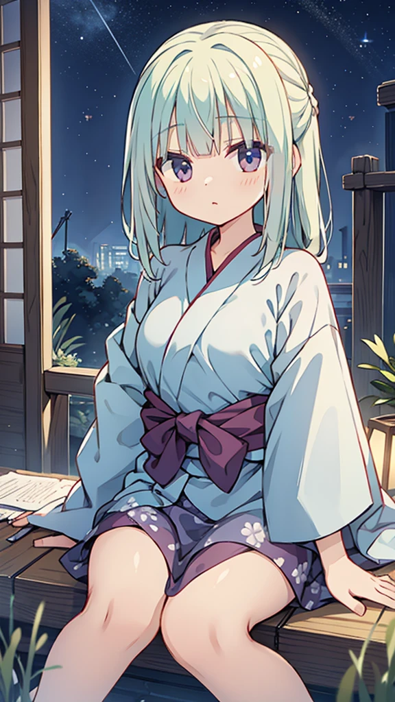 Night Sky、ruins、Sitting、Larger background、yukata、