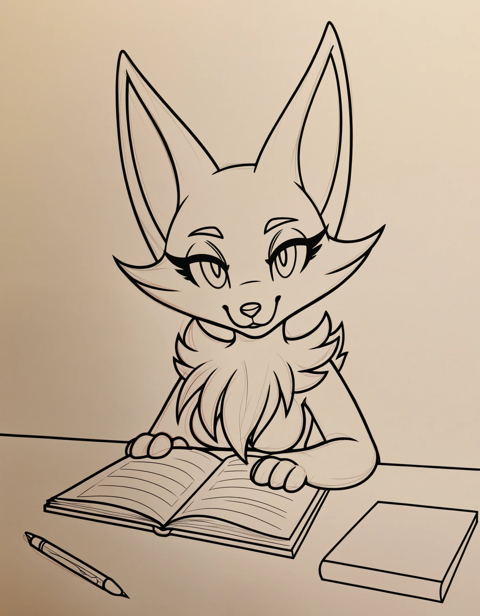 white paper background, sketch draw, furry female, pokemon, DelphoxXL, fox, fur skin, sketch on notebook, pencil