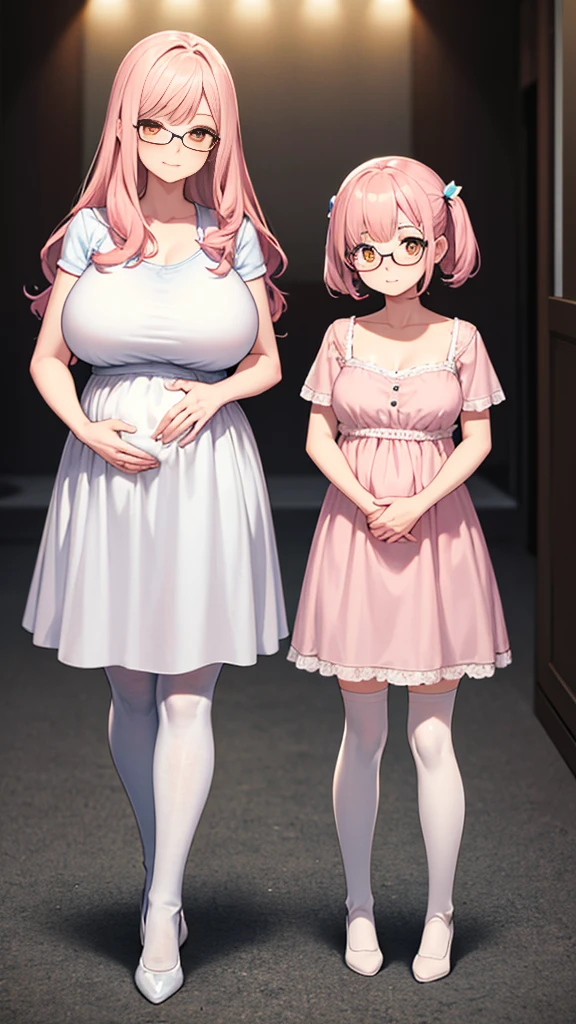 (Full body, glasses, detailed), An image of a pregnant mother with her daughter. The mother has pink hair, orange eyes, big breasts and she is wearing a light blue shirt, a black skirt and white thighhighs. The daugher has the same hair and eyes as her mother and she is wearing a white wavy dress