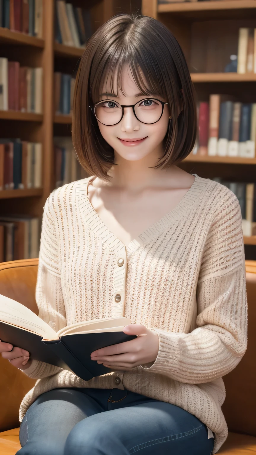 closeup shot , Best picture quality (8K, high resolution, Masterpiece: 1.2), super detailed, 215 Short Hair, 16-year-old woman,
situation: Reading a book in a library or cafe。Clothes to wear with glasses: Casual sweater and denim、sneakers。
angle:
Close-up: Hands turning the pages of a book、A detailed shot of him reading a book with a serious expression。
Detailed depiction: The quiet atmosphere of a library or the warm lighting of a cafe as a backdrop、Emphasise concentration。
Emotional moment: The expression of someone engrossed in the book they are reading,、Capture the smile when you get to the interesting part。
, Close-up of face
, random cute pose ,big eyes ,Puffy eyes , Heart Pupil, blush , huge shy smile , salute