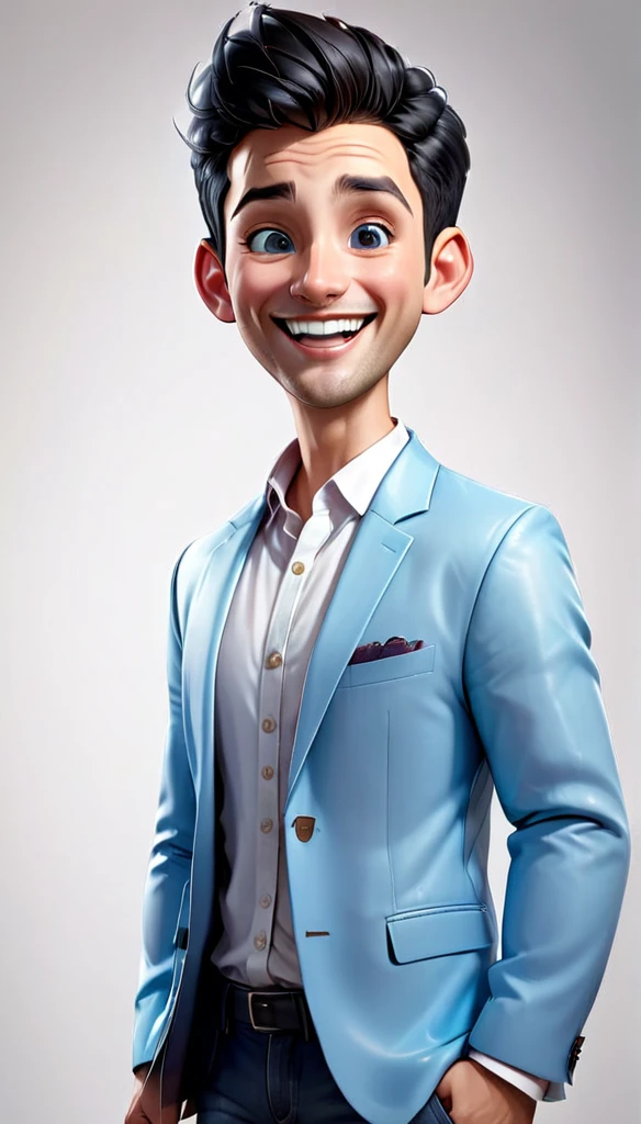 "Create a realistic full body 4D cartoon character with a big head, a 25 year old man with a happy and cheerful expression. His mouth is wide open, He has short black modern hair, big ears. He is wearing a light blue blazer over a white shirt. The illustration should emphasizing his wide, happy smile and friendly demeanor."