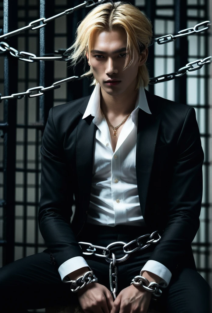 8k, cinematic lighting, bright front lighting. Professional photography of an unsung and mysterious film, bold lines, hyper detailed, dramatic lighting, (intricate details, masterpiece, best quality: 1.4) Very handsome guy, the appearance of the model sits at twilight in the corner in the corners, chains weigh chains on the walls, on the floor of the chain, the guy is poorly lit, sad face, in a black suit with a white shirt with an unbuttoned top, hair to the shoulders, on the chest and blood of the face, dark background, a gloomy prison around the chain, a little light falls on the face of a guy with gloomy lighting, the guy sits With a chain in his hands in a prison cell, a man is wrapped in a chain, (chains), inspired by Yamagata Hiro, sleeping in chains, in chains, detailed johan liebert, Mixed with Alucard, discreet, illustration, cinematic lighting, bright front lighting. Professional photo of an unsung and mysterious film, 1 boy, bangs, belt, black jacket, black trousers, blood, knitted, tied wrists, blond hair, chain, chain, shirt with collar, cuffs, cuts, formal, handcuffs, trauma, jacket, on the knees, long sleeves, looking at the viewer, men's focus, open clothes, open shirt, trousers, split lips, red eyes, shirt, medium length hair, solo, suit, torn clothes, torn shirt, white shirt, BLACK JACKE