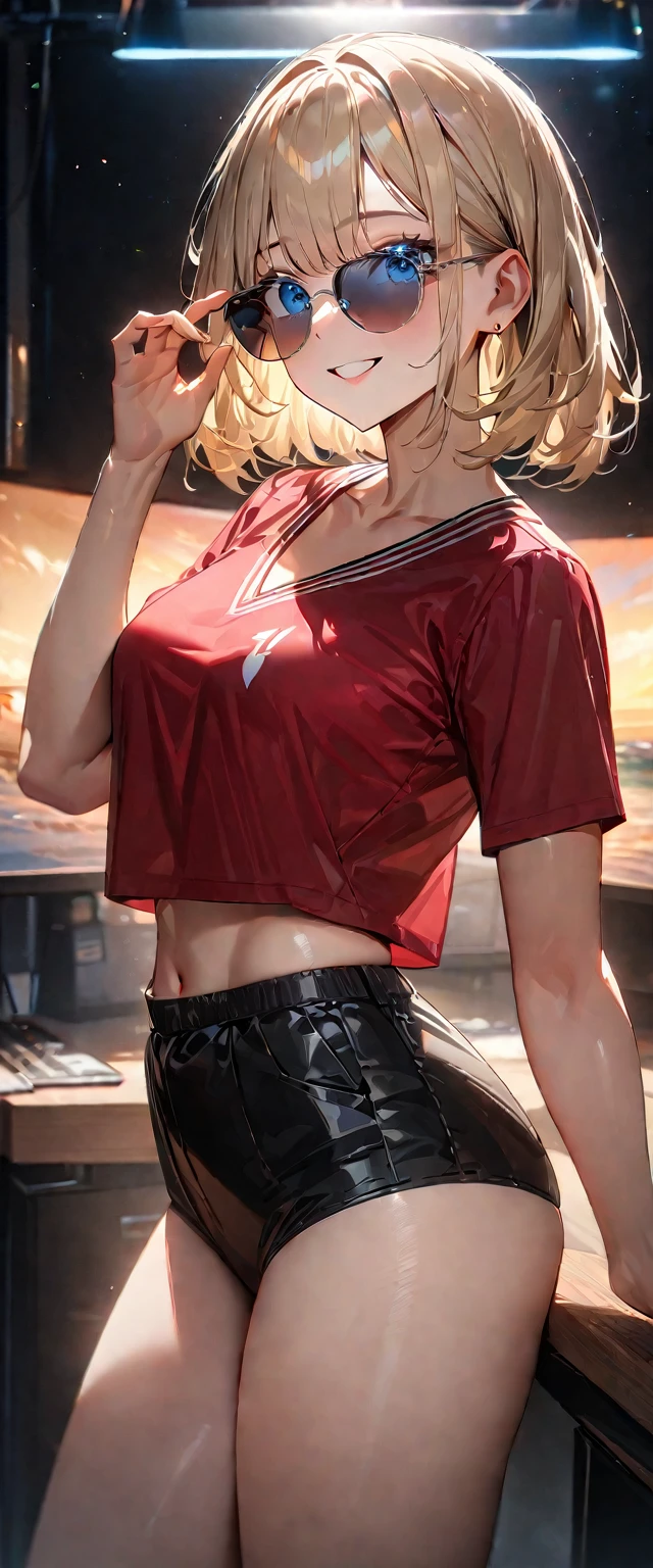 (((One girl))), ((beach)), noon, blond hair, bob cut, breasts, from front, (cowboy shot), standard body, (looking at viewer), ((black panties)), ((black crop top overhang, v-neck)), short sleeves, ((sunglasses)), hand to sunglasses, midriff peek, ager, head tilt:1.3, (((blue eye))), ((happy smile)), anime style, (best quality, 4k, 8k, highres, masterpiece:1.2, ultra-detailed, ultra-detailed eyes, HDR, UHD, studio lighting, ultra-fine painting, sharp focus, physically-based rendering, extreme detail description, professional, vivid colors, bokeh), ((Highest quality, Best image quality, Ultra-high resolution, Ultra-high resolution, solo, Strong eye highlights)), Depth of written boundary, Natural soft light, attractive, Beautiful Face, Cleanliness, Pure Face, nedium chest, Beautiful Face, Perfect Fingers, Perfect hands, Perfect body, Perfect Face, Shine a light into your eyes, Perfect Anatomy