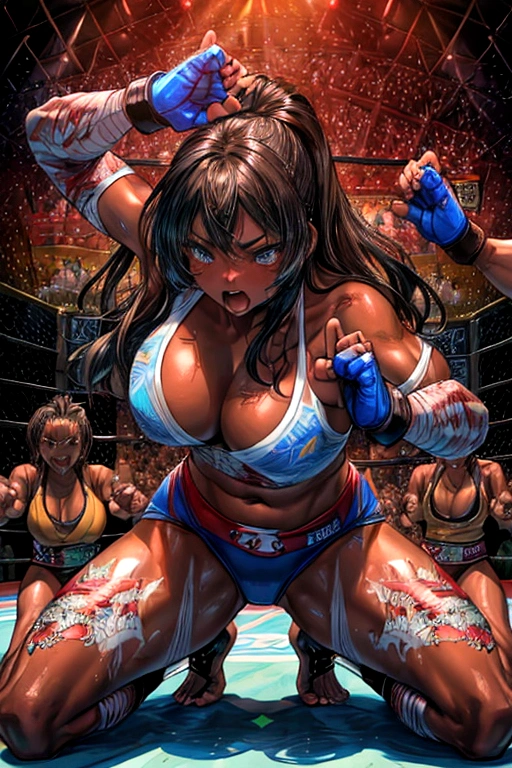 Beautiful woman、 ((Open Finger Gloves, Five Fingers)), (((Women&#39;s Mixed Martial Arts, Martial Arts)))、Fighter、Professional wrestler、Brown Skin、Rin々Funny face、Fighting Pose、One Woman、Pro Wrestling Love