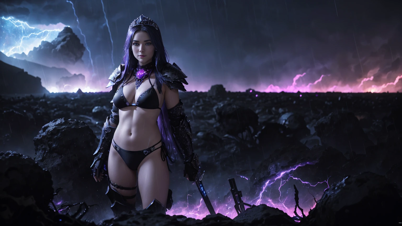 In a cinematic shot with 8k resolution, a magnificent death warrior stands in the middle of a (devastated landscape) on the surface of a (rocky planet), (purple twilight), (blue supernova in the sky: 1.5). She wears a high quality and very detailed (black bikini armor:1.5) (decorated with skulls:1.3). She wears a (black tiara) over her long blonde hair, framing her lovely face and charming smile. His (large blue eyes) seem to pierce the darkness, a (rain of fire:1.3) falls from the sky. The dark and fantastical atmosphere is palpable, the night air is full of mystery. sensual pose
