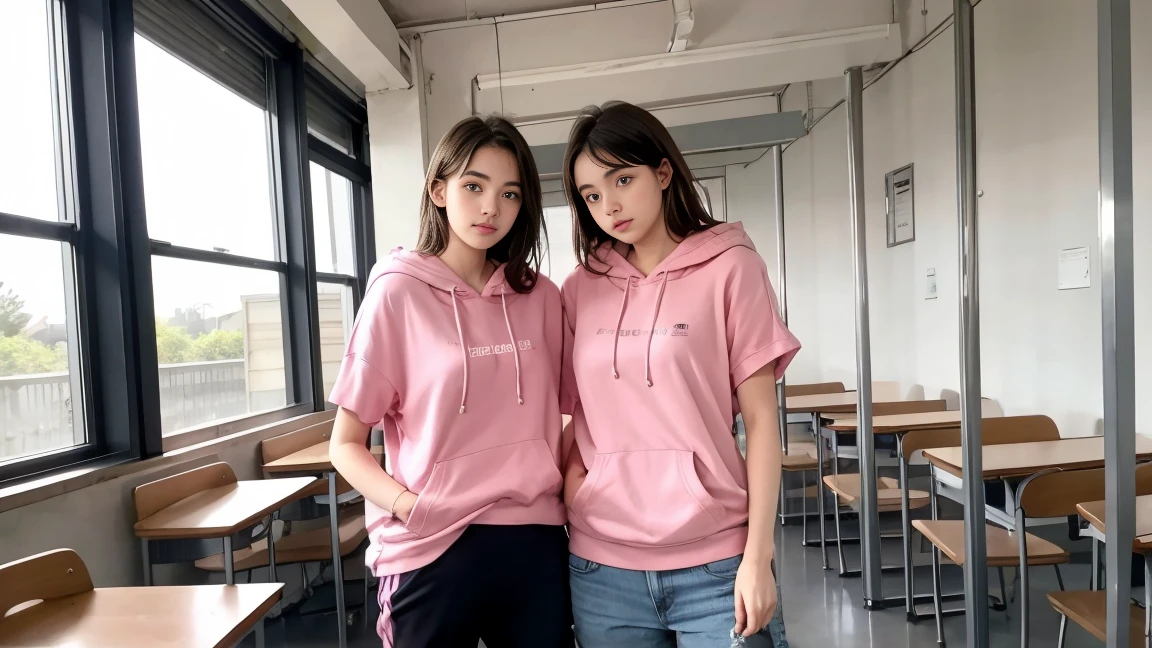 deux femmes ensemble de 18 ans sexy et mince , pink short sleeve hoodie , jambe visible , se touche,salle de classe,position sensuel
