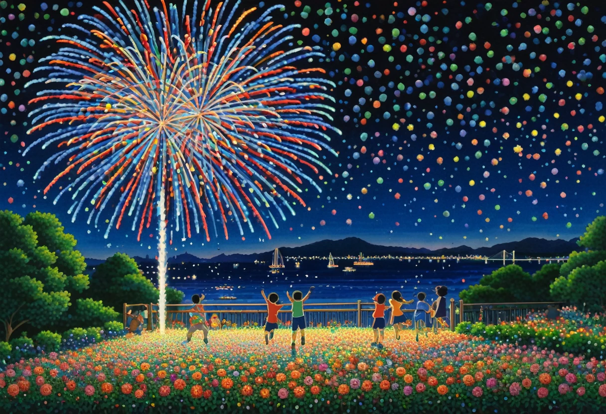 Fireworks painting of children watching a fireworks show, Pointillism painting by Hiro Yamagata, tumbler, naive art, [ Fireworks in the sky ]!!, Fireworks fill the night sky, Big fireworks, Children looking up at fireworks、Delighted、Jumping around、Flower bed at your feet、Official artwork, !!beautiful!!, Happy!!!, future!!, Eichiro Oda, Cute artwork, Summer Festival Night, Fireworks in the background, a beautiful artwork illustration, Official Anime Artwork　Kids up close、