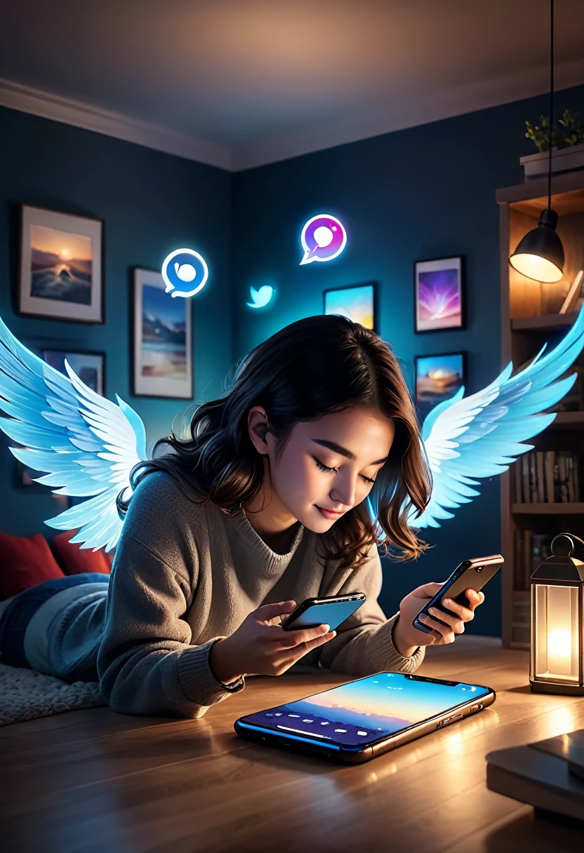 (masterpiece),(best quality),comforting,cozy,A person scrolling through their phone,phone,(social media apps),(games),(news apps),flying swiping motion,ambient room lighting,soft glow