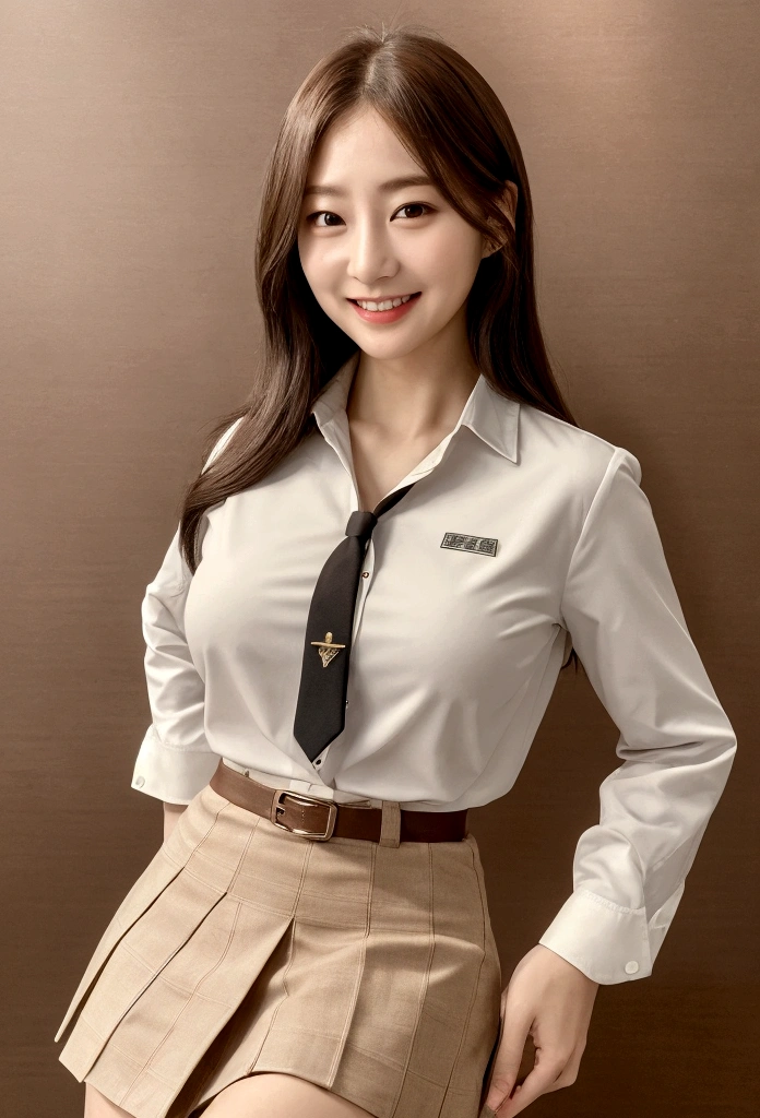 1people、Delicate skin quality、日本people、((Highest quality, 4K, Masterpiece: 1.3)), Beautiful style: 1.4, Brown Hair, from shirt, Large Breasts, smile, Teacher Outfit, Highly detailed face and skin texture, Fine grain, double eyelid、Teaching lessons、skirt,Thighs