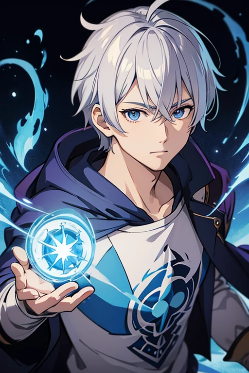 masterpiece, Highest quality, High resolution,Anime Style、Silver Hair、Short Hair、male、Wizard、magic、Blue Flame