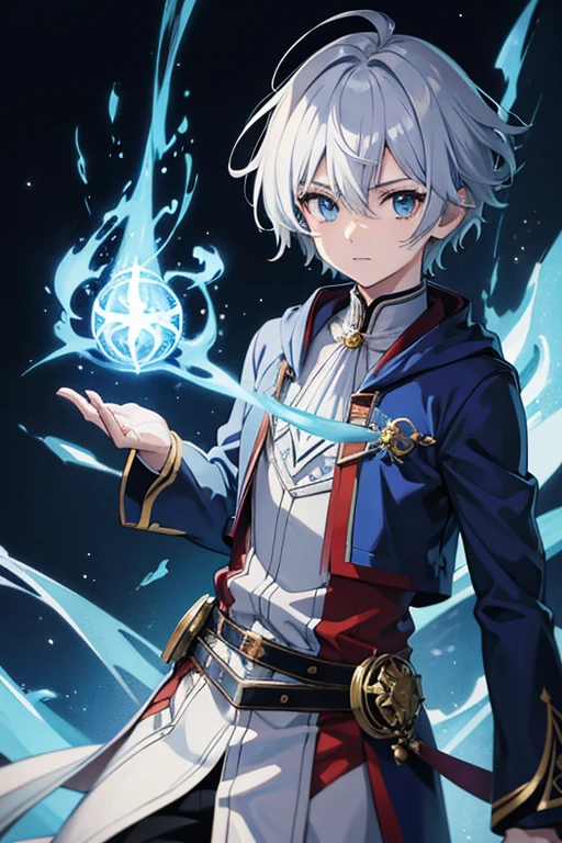 masterpiece, Highest quality, High resolution,Anime Style、Silver Hair、Short Hair、male、Wizard、magic、Blue Flame