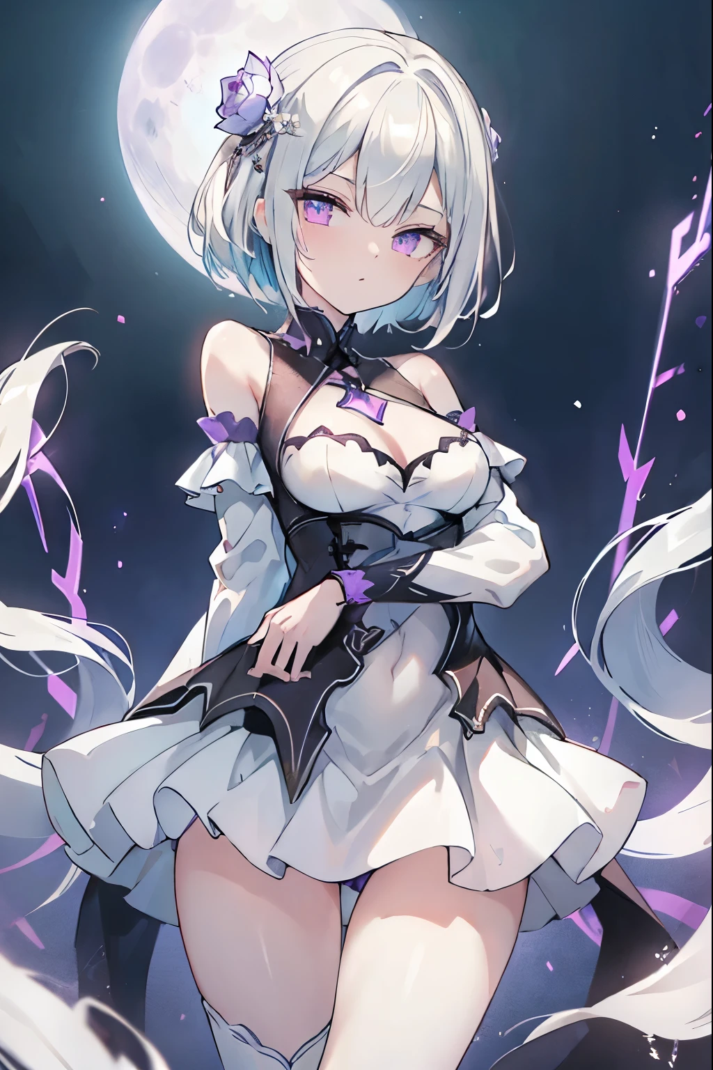 1girl, アニメ, cute girl, blank background, white background, fantasy, detailed fantasy dress with highlights, beautiful face, beautiful eyes, dark colors, black hair with multicolor streaks, red eye with different color pupil in eye, multicolor eye, medium breasts, slight cleavage, beautiful skin, cute, breast curtains, extremely delicate and beautiful, (beautiful detailed face:1.0), (detailed deep eyes), symmetrical breasts, deep eyes, shiny skin, portrait, slender waist, hips wider than shoulders, thighs, expressionless, young girl, luminous eyes, adorable,(Kpop idol),(aegyo sal:1),(Platinum blonde hair:1),((puffy eye)),Black panty,sexy posture,Superskirt, Ultra-high resolution,Black collar,slim figure, Abdominal y tattoo, womb tattoo,Tight-fitting leg ring,y tattoo on half-body,Bare skin, Armored hand,Hidden fingertips,Hand covered,Arm covered,Fist covered,{{beautiful detailed fingers}}, tufts of hair, moderate beautiful breast:1.0,(masterpiece:1.2), best quality, high-res, HDR, perfect face, intricate armor, delicate blue filigree, intricate filigree, red metalic parts, detailed part, dynamic pose, dynamic lights, cute face, neutral expression, shuimobysim, lotus, Hanfu, maxi skirt, dress conservatively 1girl, 独奏, long blue hair, standing, One lady,14years,((White hair) ,(Shiny purple bodysuit with microskirt),((Fantasy, Moon Night)), gradient_eyes,
