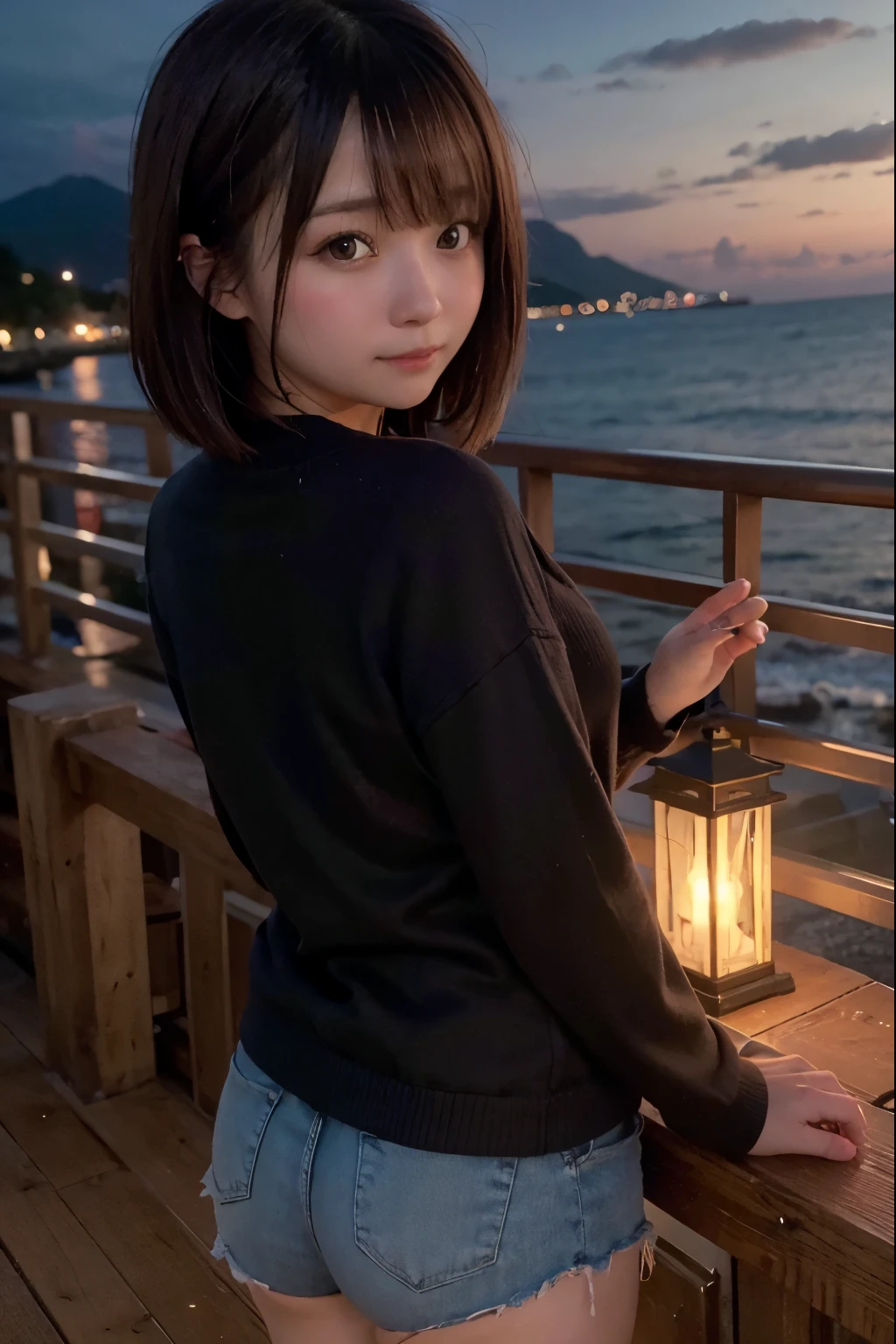 Coast, Waves, Serene Twilight, Water Reflection, 
Widephoto Lens:1.2, 
Mount Fuji Right Background, 
Tombolo on Left Distance with Lighthouse Tower:1.6, 
Winding Congested Coastline on Right with Illuminated Street Lamps Along Shore, 
Grassy Park Foreground, 
1 Japanese Girl, Very Short Bob Cut:1.6, Wide-Set Eyes, Very White Skinned, Blush, Bashfully, 17-Year-Old, Open Mouse Slightly, 
On Deck with Wooden Roundbar, 
Brown Hair, Wet Hair, Messy Hair, 
Cheerful, Light Smiling, Ecstasy, [Pouted Cheek], 
Looking Back Viewer, 
Medium shot, 
SFW:1.0, 
POV Shot, 
8K, RAW Photo, Best Quality, Masterpiece, Realistic, PhotoRealistic, Extremely Detailed 8K Wallpaper, Beautifully Detailed Eyes, Finely Detailed Face, POV Shot, 
High-Key Lighting, Professional Lighting, Cinematic Lighting, Sidelighting, Bokeh