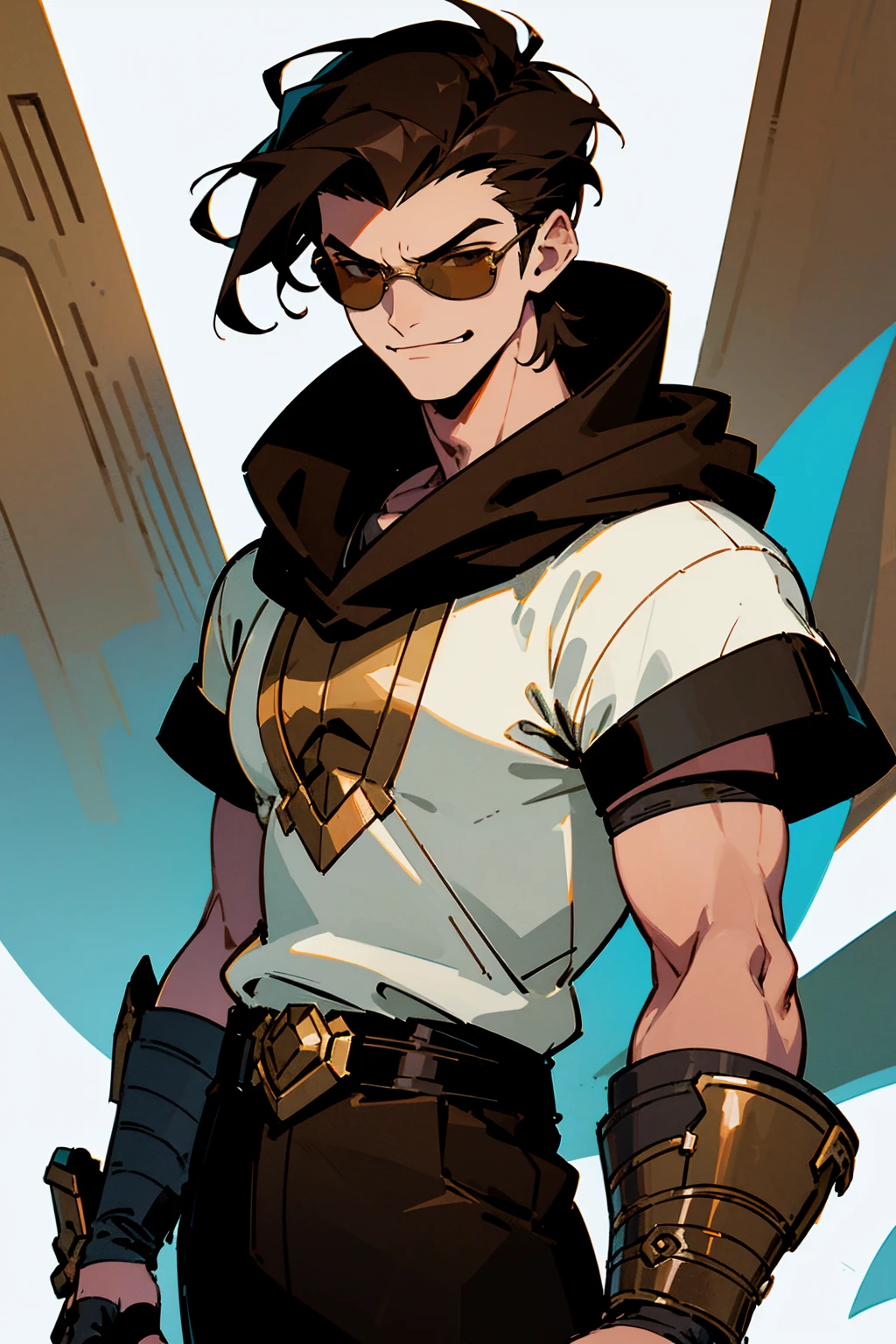 ((illustration)), (best quality)), ((masterpiece)), (detailed), ((white background)), age, boy, dark hair, brown eyes, muscular, shirt, black hoodie, sunglass, smirking, solo, gauntlet, day, stylish, slick hair,