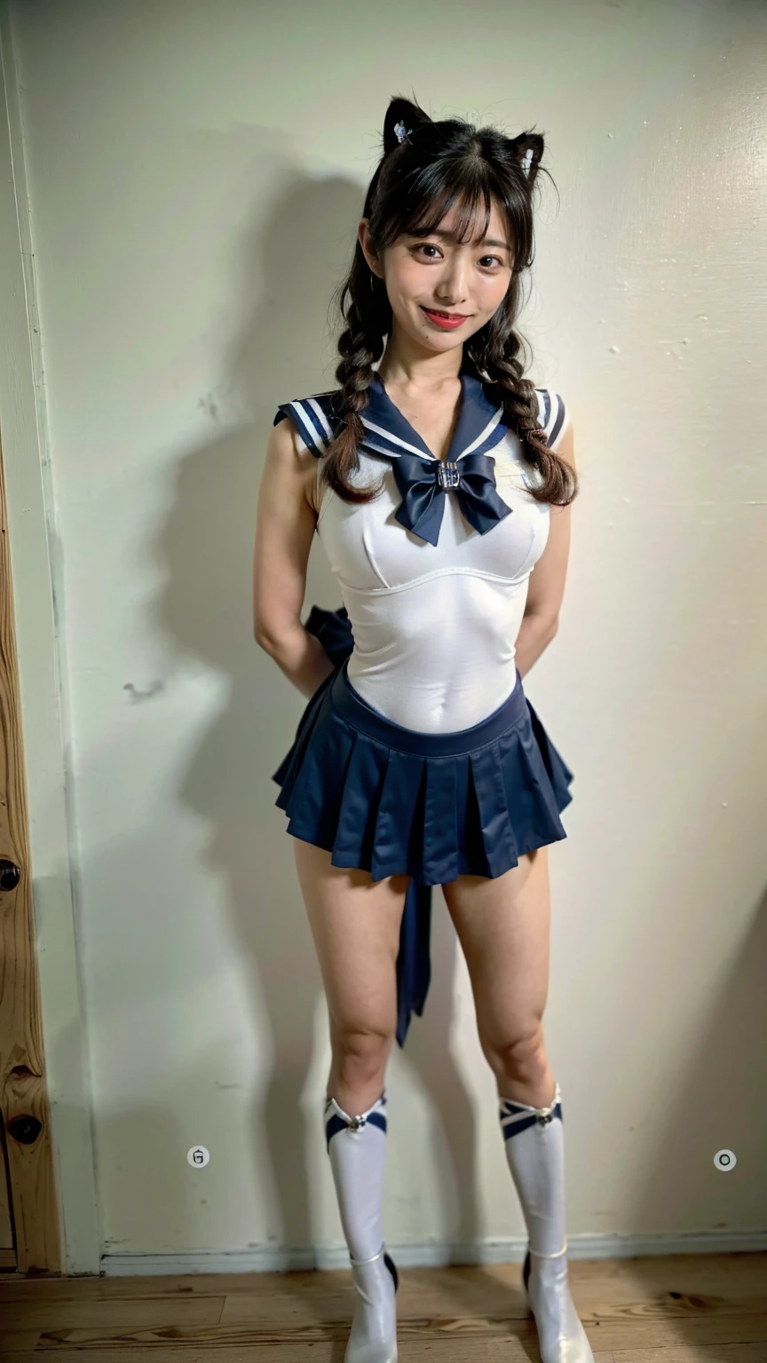 (8K、RAW Photos、Highest quality、masterpiece:1.2)、(Realistic、Realistic)、1 girl、((Sailor Warrior Outfits:1.5、With pubic hair、Large Breasts、Full body from the front、Standing with hands behind back、、Lots of eyelashes、Glowing eyelids、skeletally correct、smile、This photo will awaken boys to sex