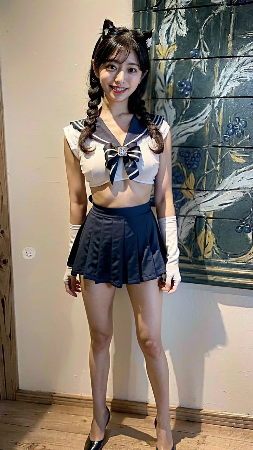 (8K、RAW Photos、Highest quality、masterpiece:1.2)、(Realistic、Realistic)、1 girl、((Sailor Warrior Outfits:1.5、With pubic hair、Large Breasts、Full body from the front、Standing with hands behind back、、Lots of eyelashes、Glowing eyelids、skeletally correct、smile、This photo will awaken boys to sex