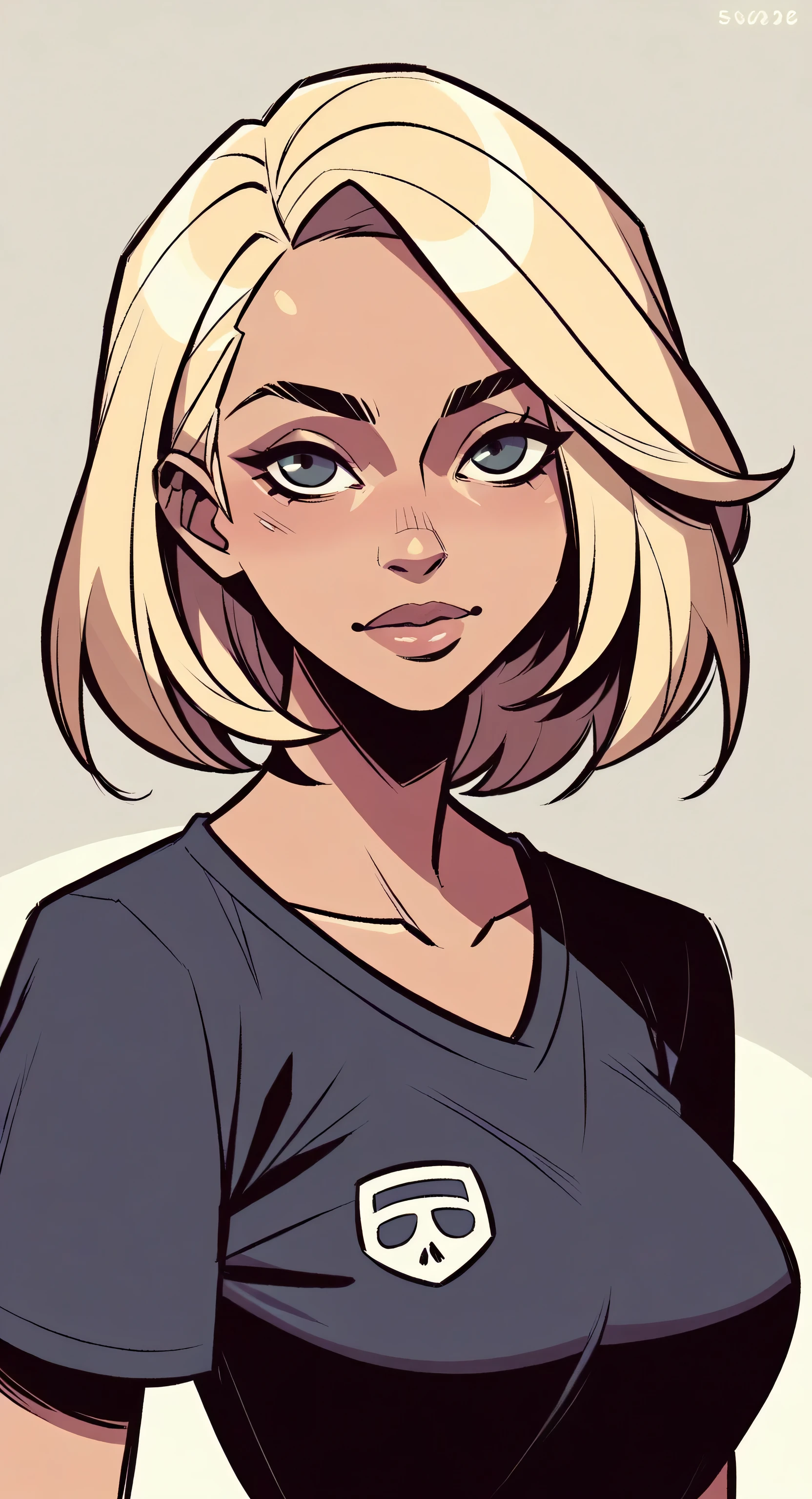 Flat colors, close up, portrait of a 25 year old surfer looking girl, beautiful, perfect tan skin, beach blonde salty hair, natural beaty, beautiful, casual, pocket Tee shirt, large perky breasts,  (([simply grey background]))) 
