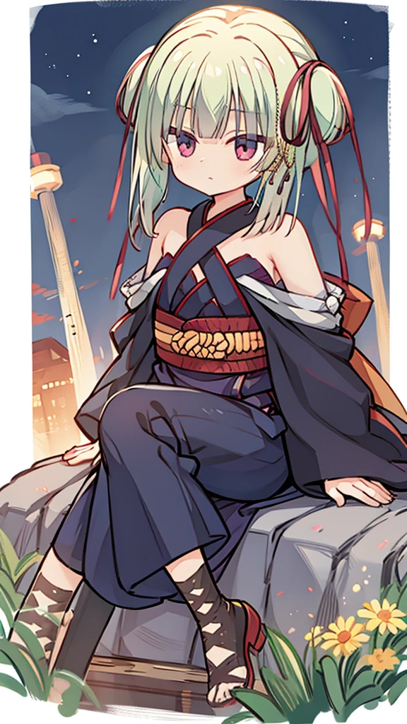 Night Sky、ruins、Sitting、Larger background、yukata、