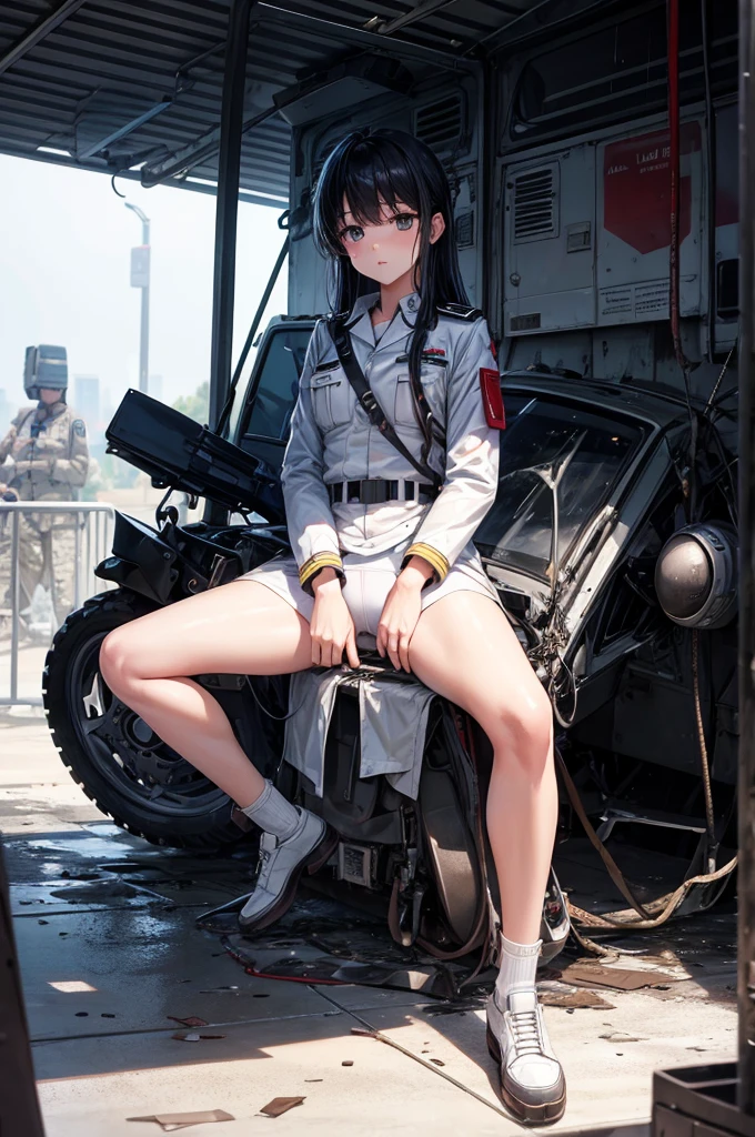 Best image quality, Crashed helicopter, uniform, army, ""White underwear"", stand, Spread your legs, Rainfall, Black Hair, ""woman"",