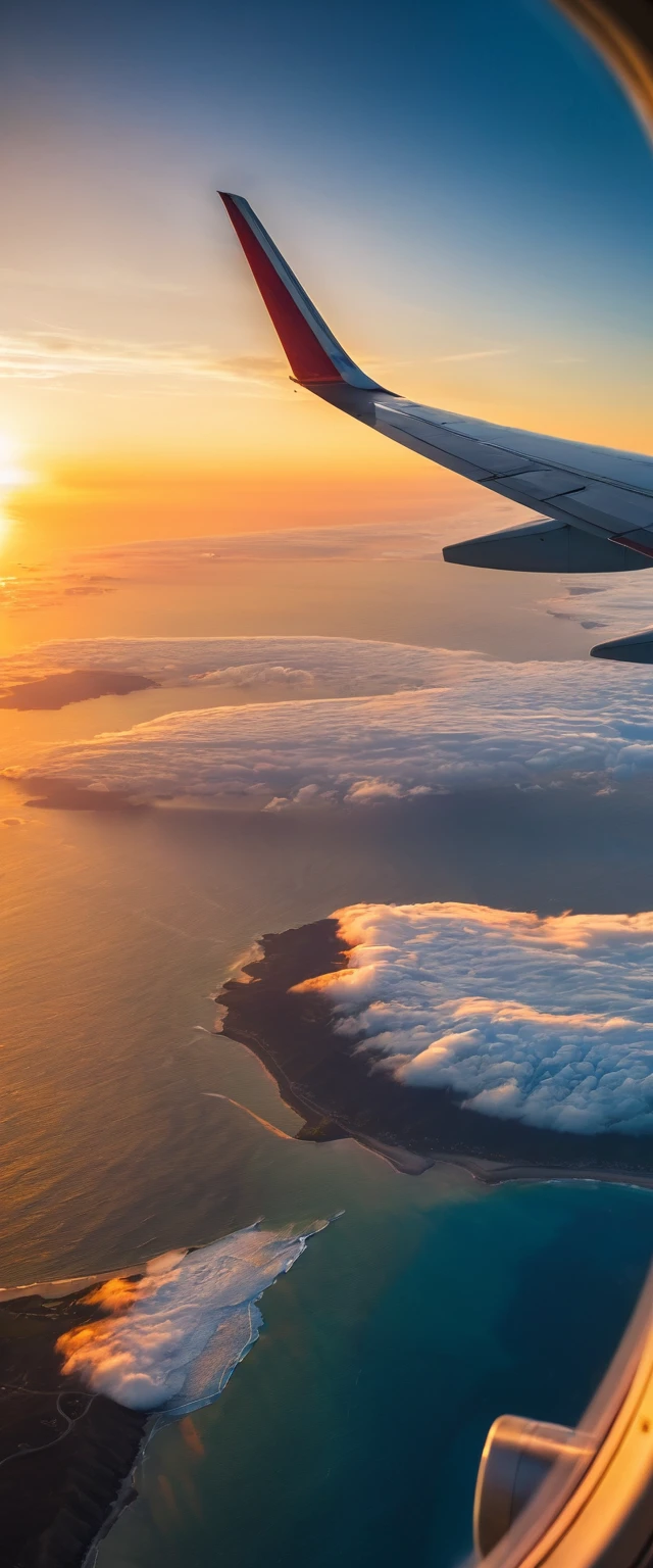 Highest quality,(masterpiece:1.2),Ultra-high resolution,Raw color photography,8K,Vast landscape photography,Realistic photos,Elaborate photos,View from the window of a landing plane,The plane is circling,airplane wings,evening,Ocean,sunset,Written boundary depth,Wide Light,Low contrast,Backlight,Sharp focus,Vibrant colors,Dynamic configuration