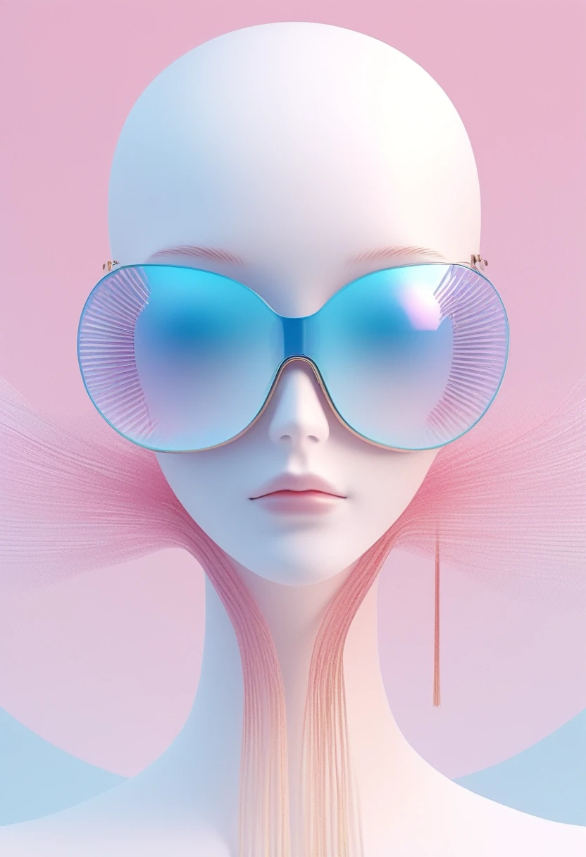 3D illustration of the upper body and face of an artificial intelligence model wearing a futuristic eye mask, Stylish glasses with tassels,Gradient background, Pastel color palette, pink blue, Simplicity, Matte plastic surface, Surrealism,