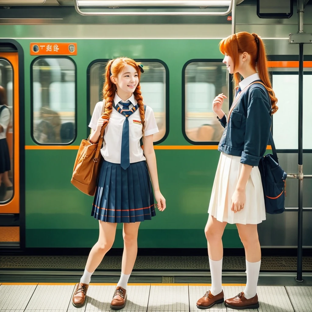 Two cute young school girls standing flirting, redhaired 15 year old girl and 13 year old orange haired girl inside of a japanese train. .full body view