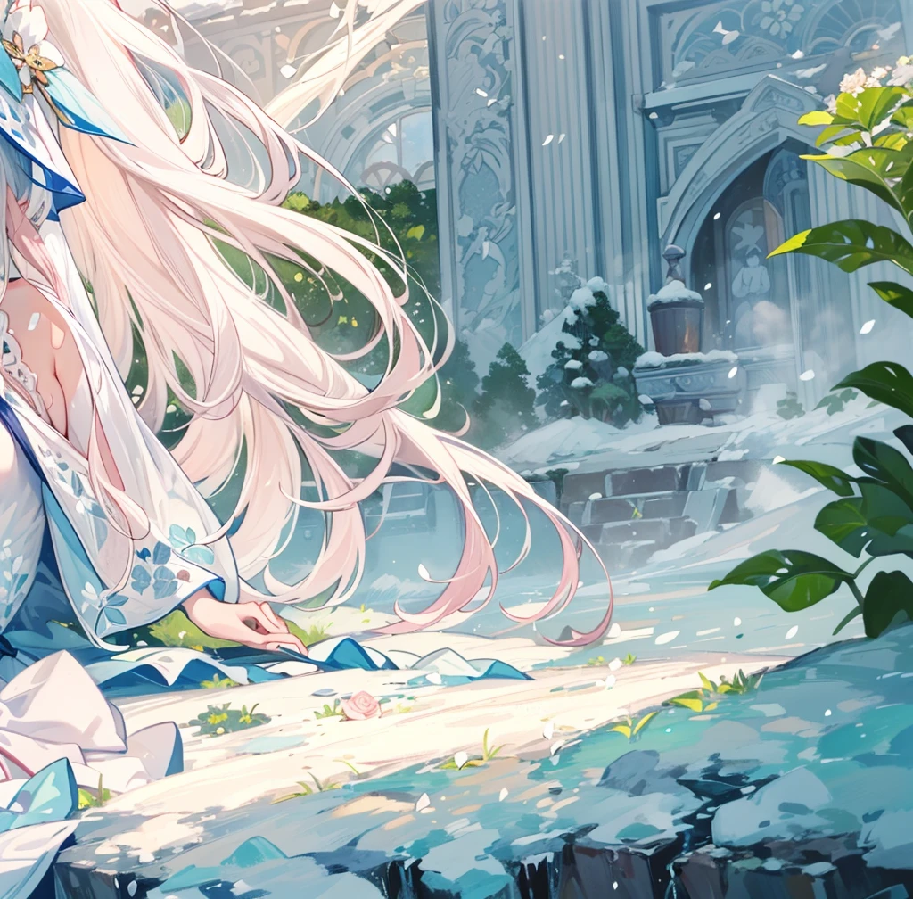 ((best quality,masterpiece,Extremely complex and exquisite details)),White long straight hair,(correct anatomy,Holding hands on the ground),(Exquisite light blue and white clothing,Beautiful bright and exquisite snow white ancient style high transparent architectural background),(Rose,Snow,Falling Flowers,Majestic and elegant outdoors)