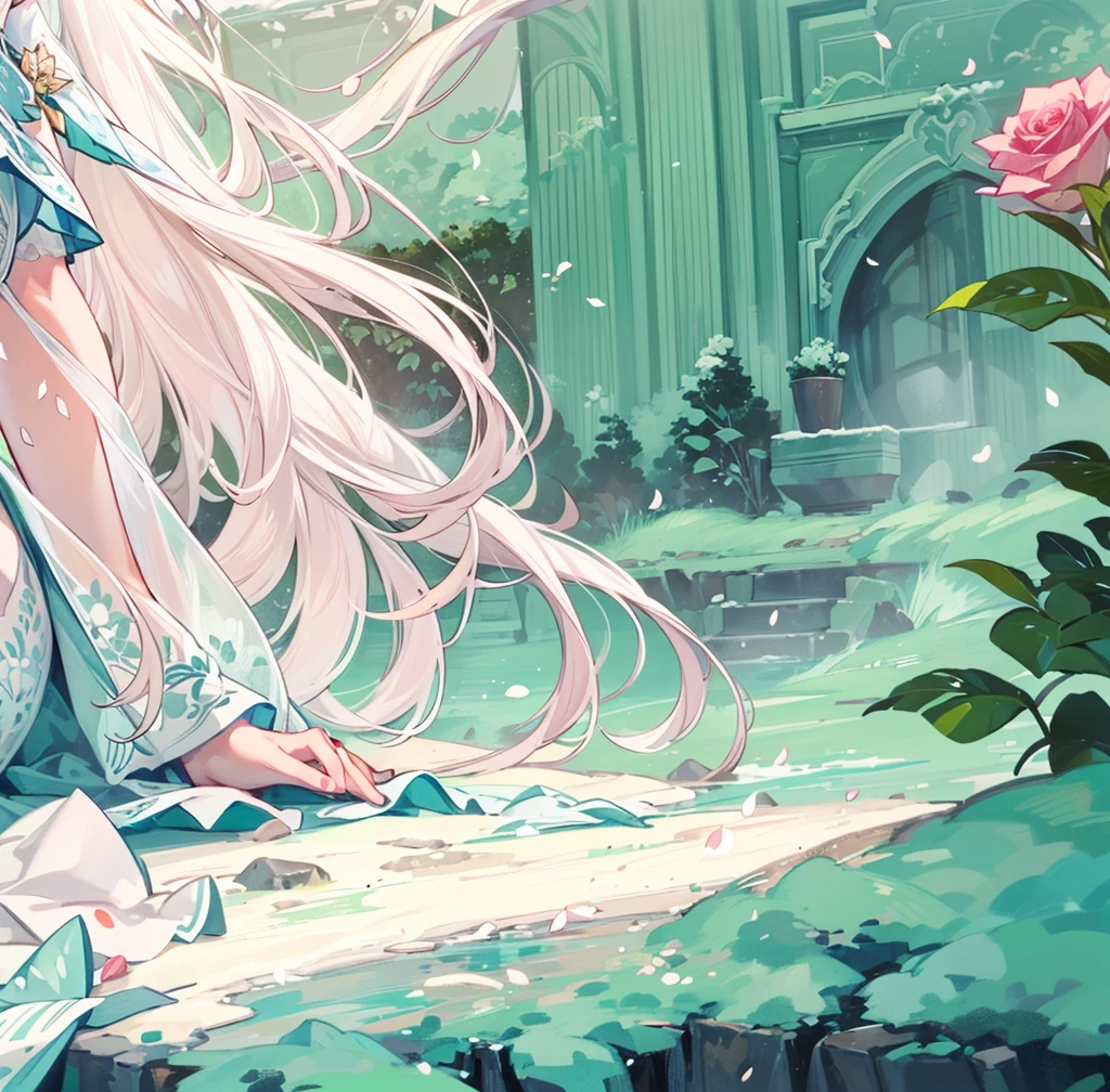 ((best quality,masterpiece,Extremely complex and exquisite details)),White long straight hair,(correct anatomy,Holding hands on the ground),(Exquisite light blue and white clothing,Beautiful bright and exquisite snow white ancient style high transparent architectural background),(Rose,Snow,Falling Flowers,Majestic and elegant outdoors)