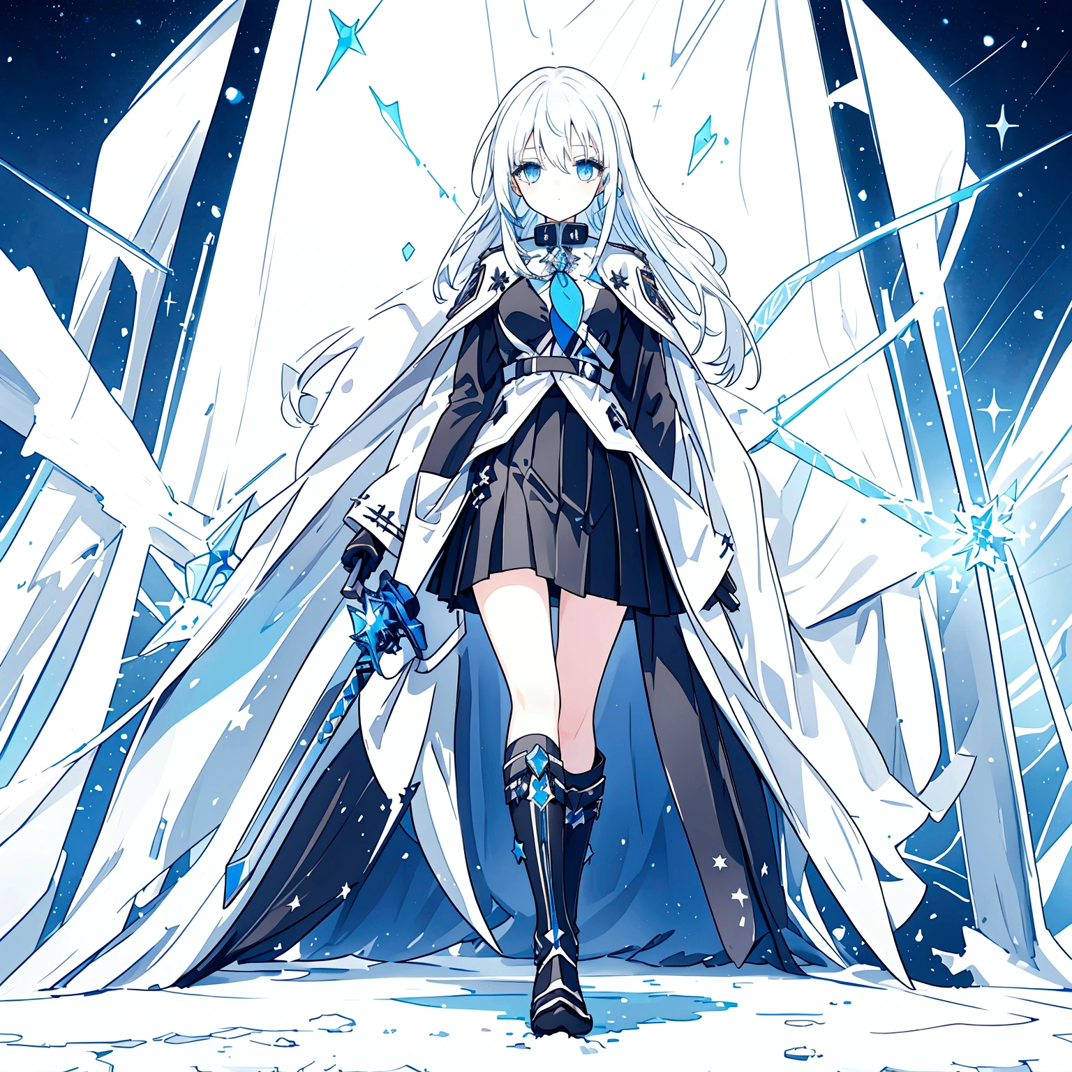best quality, a girl with long bluish white hair, black leather jacket, black long skirt, blue eyes, walking under the starry sky, having a sword that made of ice, ice grows from beneath her feet