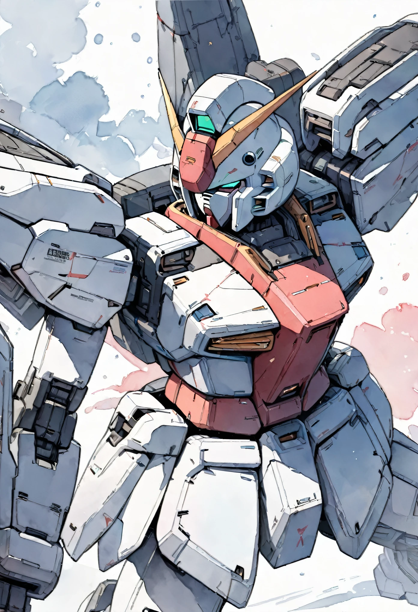 (masterpiece),(Highest quality),(Super detailed),(High resolution),((Line art)),((Watercolor)),8K,wallpaper,Mobile Suit Gundam,Gundam stands on the ground,Detailed face,dynamic,Twin Eye