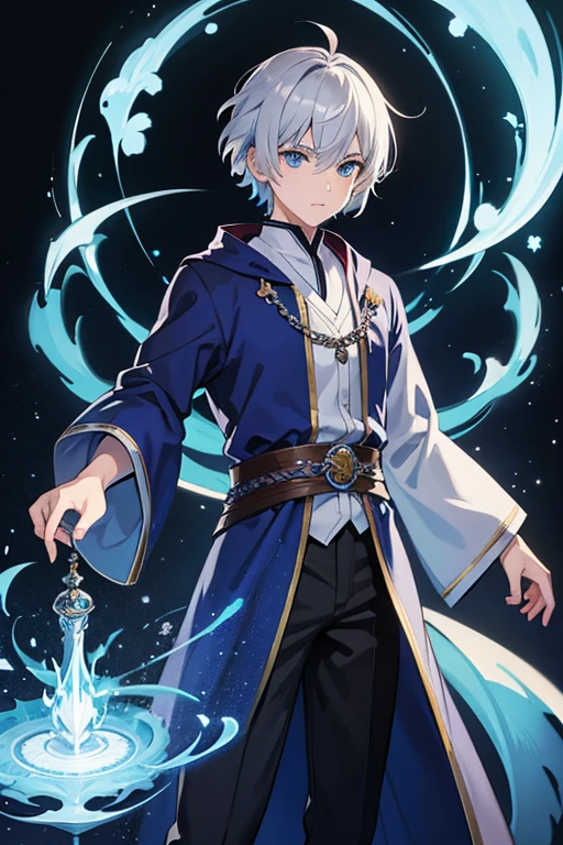masterpiece, Highest quality, High resolution，Anime Style、Silver Hair、Short Hair、male、Wizard、Robe、magic、Blue Flame