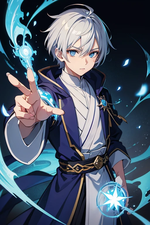 masterpiece, Highest quality, High resolution，Anime Style、Silver Hair、Short Hair、male、Wizard、Robe、magic、Blue Flame