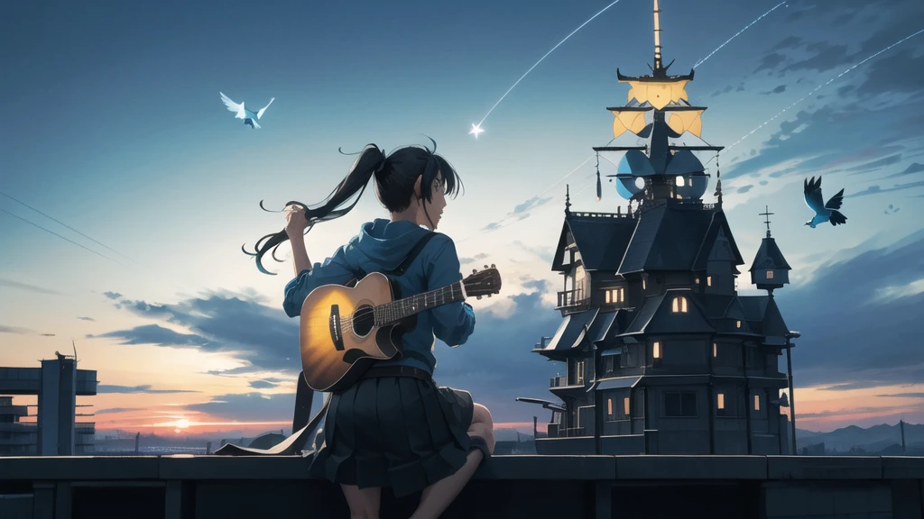 Octane, null, star (null), scenery, Blue Parakeet,Acoustic guitar,starnull, night, One girl, Back view,nightnull, alone, Outdoor, Blue Parakeet,building, cloud, milky way, Sitting, wood, Long Hair, Acoustic guitarが近くにある,city, silhouette