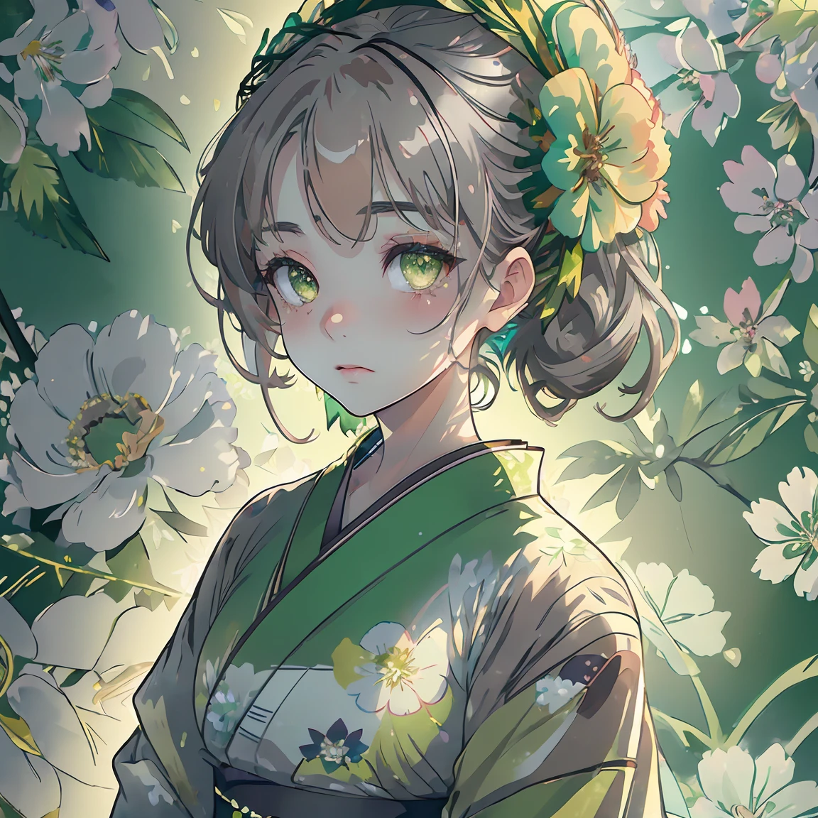 watercolor paiting、(((green floral background:1.3)))、Best Quality, masutepiece, High resolution, (((1girl in))), sixteen years old,(((Eyes are gray:1.3)))、black hair,green kimono,((beautiful green kimono)), Tindall Effect, Realistic, Shadow Studio,Ultramarine Lighting, dual-tone lighting, (High Detail Skins: 1.2)、Pale colored lighting、Dark lighting、 Digital SLR, Photo, High resolution, 4K, 8K, Background blur,Fade out beautifully、green flower world white background