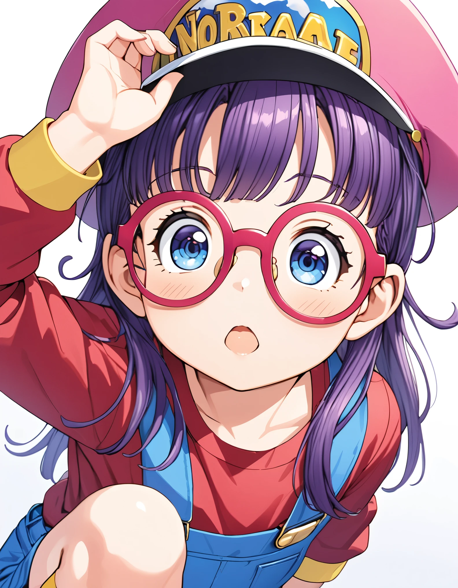 masterpiece, best quality, very aesthetic, absurdres, 1girl, Glasses with heart-shaped frames:1.3, (large pink heart-shaped glasses, decorated with transparent polygonal cut-out beads and sparkling), ds-norimakiarale, purple hair, long hair, blue eyes, pink-framed eyewear pink hat, winged hat, ds-norimakiarale outfit, red shirt, blue overalls, yellow socks, blue shoes, close-up of face
