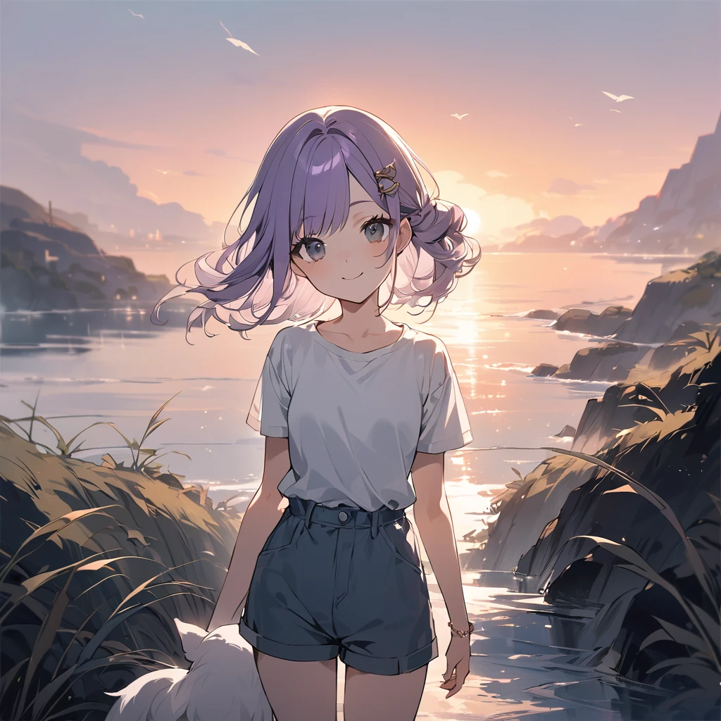 (Cute a girl:1.5), (a girl with closs hair pin,pale purple hair,bluntbangs hair,green and black eyes, a girl is wearing a white T-shirt and navy blue shorts,,look at viewer:1.4), (masterpiece:1.3), anime visual, (Lovey-dovey:1.5), (tilt head:1.3), extremely delicate face, soft clean focus, realistic lighting and shading, (an extremely delicate and beautiful art:1.3), elegant, (muted colors:1.1), small breast,Taking an Akita dog for a walk in the sunset,smiling,