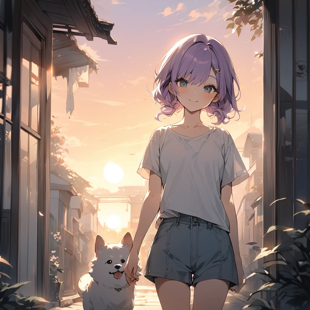 (Cute a girl:1.5), (a girl with closs hair pin,pale purple hair,bluntbangs hair,green and black eyes, a girl is wearing a white T-shirt and navy blue shorts,,look at viewer:1.4), (masterpiece:1.3), anime visual, (Lovey-dovey:1.5), (tilt head:1.3), extremely delicate face, soft clean focus, realistic lighting and shading, (an extremely delicate and beautiful art:1.3), elegant, (muted colors:1.1), small breast,Taking an Akita dog for a walk in the sunset,smiling,