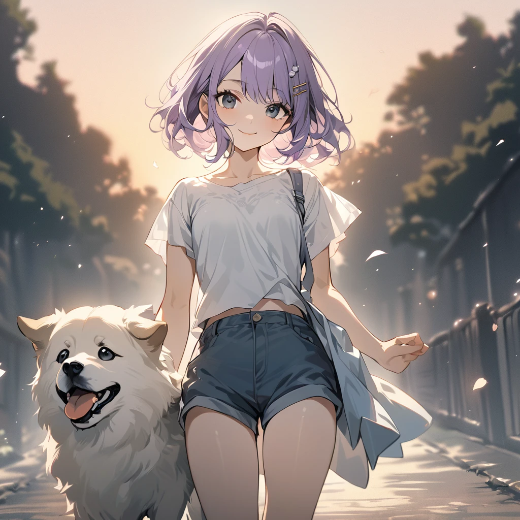 (Cute a girl:1.5), (a girl with closs hair pin,pale purple hair,bluntbangs hair,green and black eyes, a girl is wearing a white T-shirt and navy blue shorts,,look at viewer:1.4), (masterpiece:1.3), anime visual, (Lovey-dovey:1.5), (tilt head:1.3), extremely delicate face, soft clean focus, realistic lighting and shading, (an extremely delicate and beautiful art:1.3), elegant, (muted colors:1.1), small breast,Taking an Akita dog for a walk in the sunset,smiling,